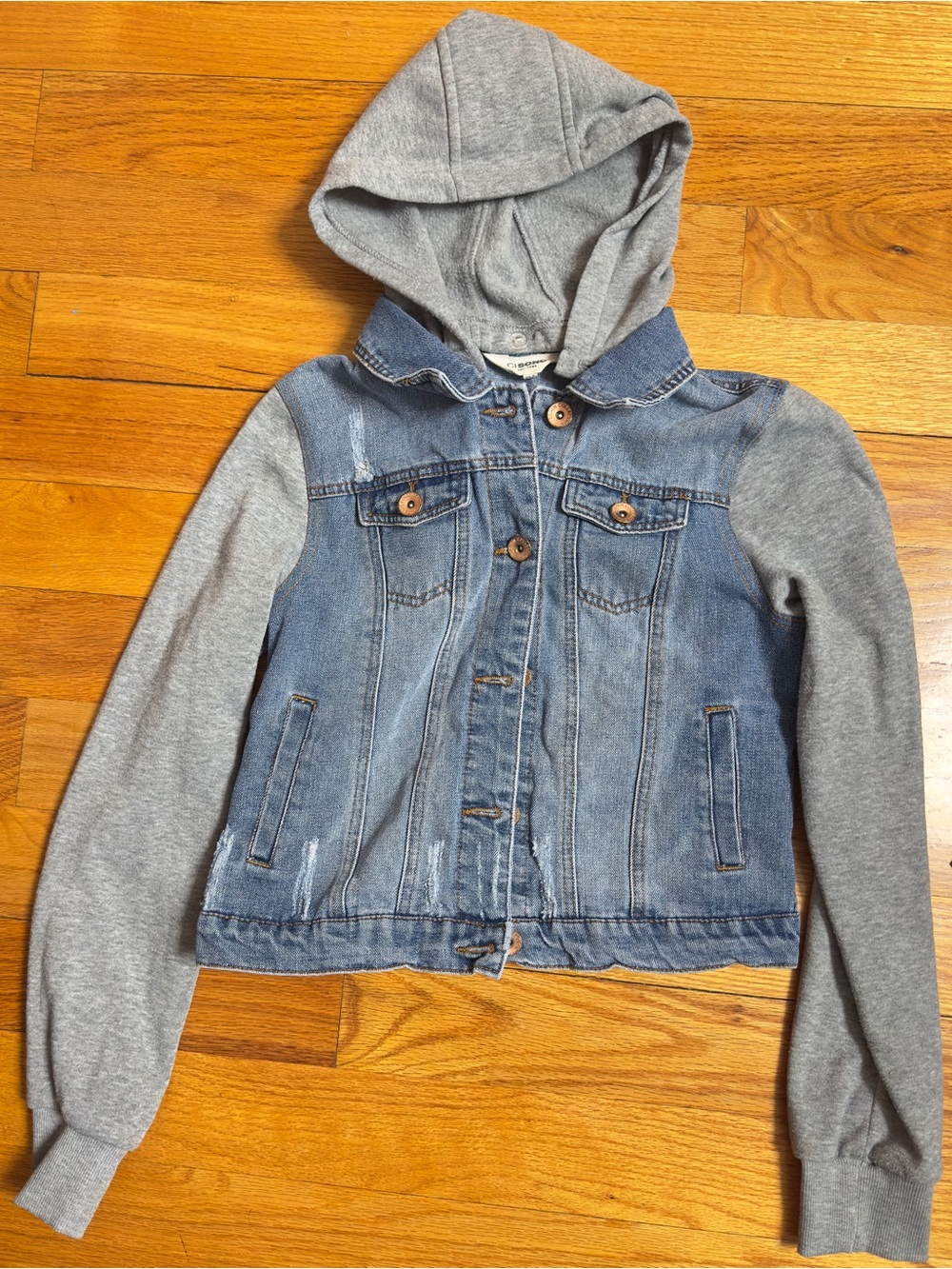 Ci Sono Distressed Blue Denim Hooded Jacket with Gray Knit Sleeves